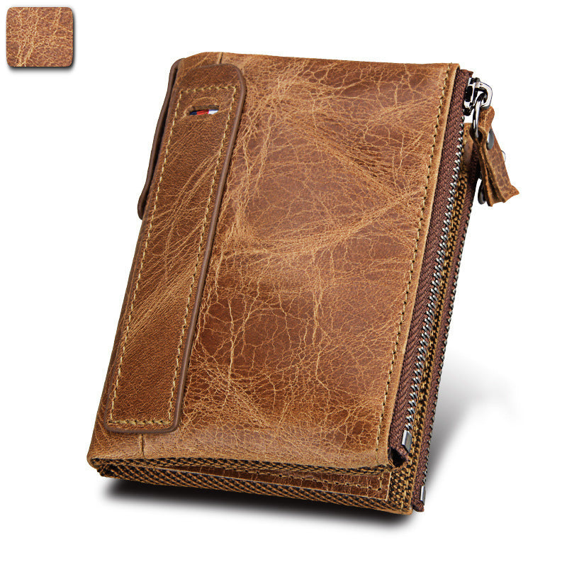 Wholesale Crazy Horse Cowhide Leather Wallet Double Zipper Coin Purse
